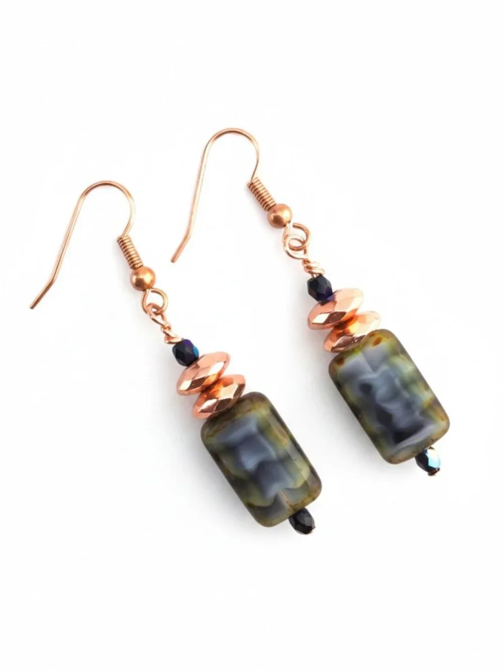 Moss Green Copper Earrings Blue Green Czech Glass Rustic Boho Handmade 2
